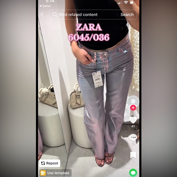 ZARA NEW MID-RISE FULL-LENGTH TRF JEANS FOIL FINISH PANT PINK 6045/036/334/010 - Picture 7 of 7